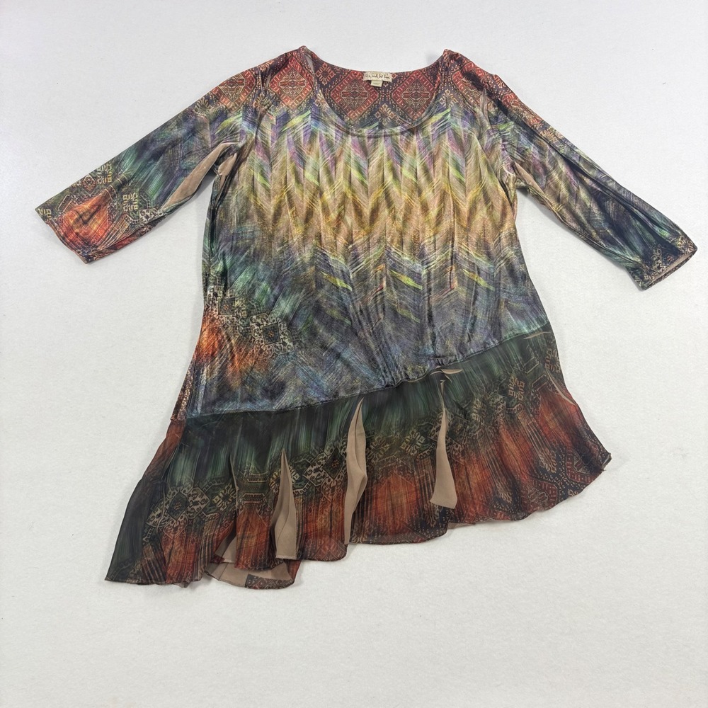 Y2K Velvety Tunic Top Womens L Abstract Asymmetrical Hem Arty Fairy Gypsy